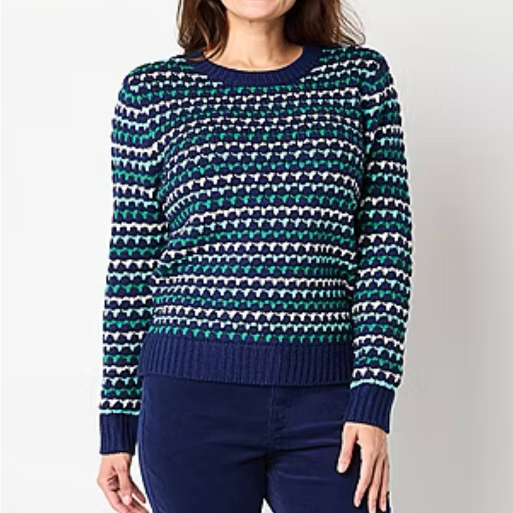 St.John's Bay Womens Crew Neck Long Sleeve Pullover Sweater Navy White Green XXL